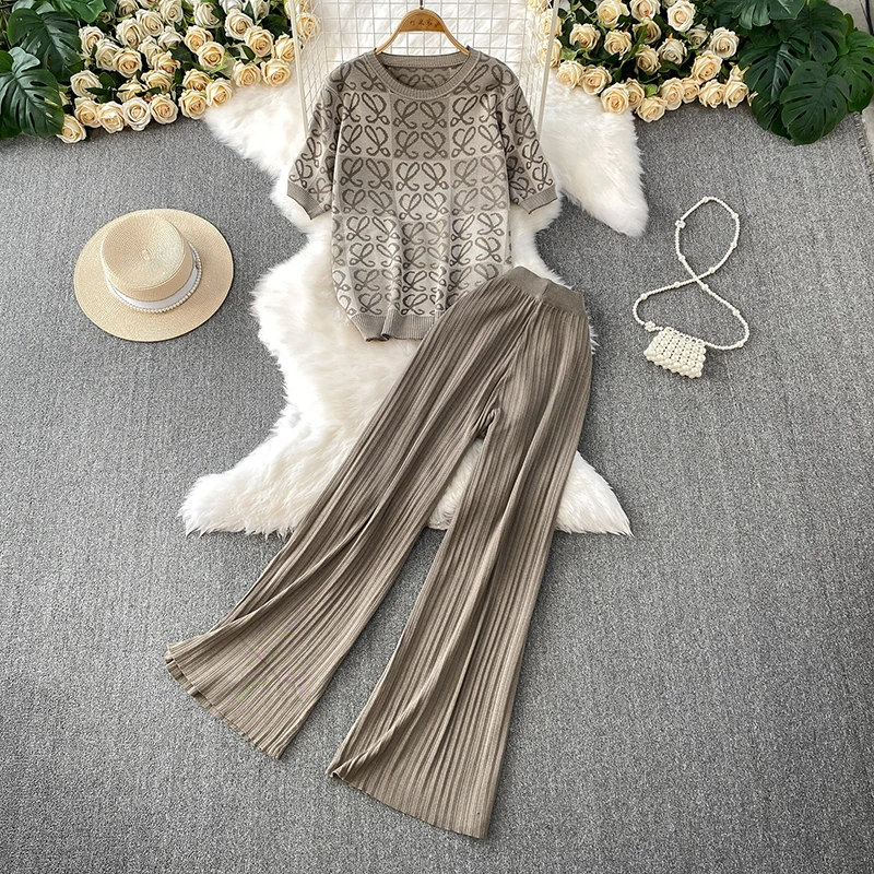 

Fashion casual suit women's summer new loose print round neck knitted T-shirt top+high waist slimming wide leg pants