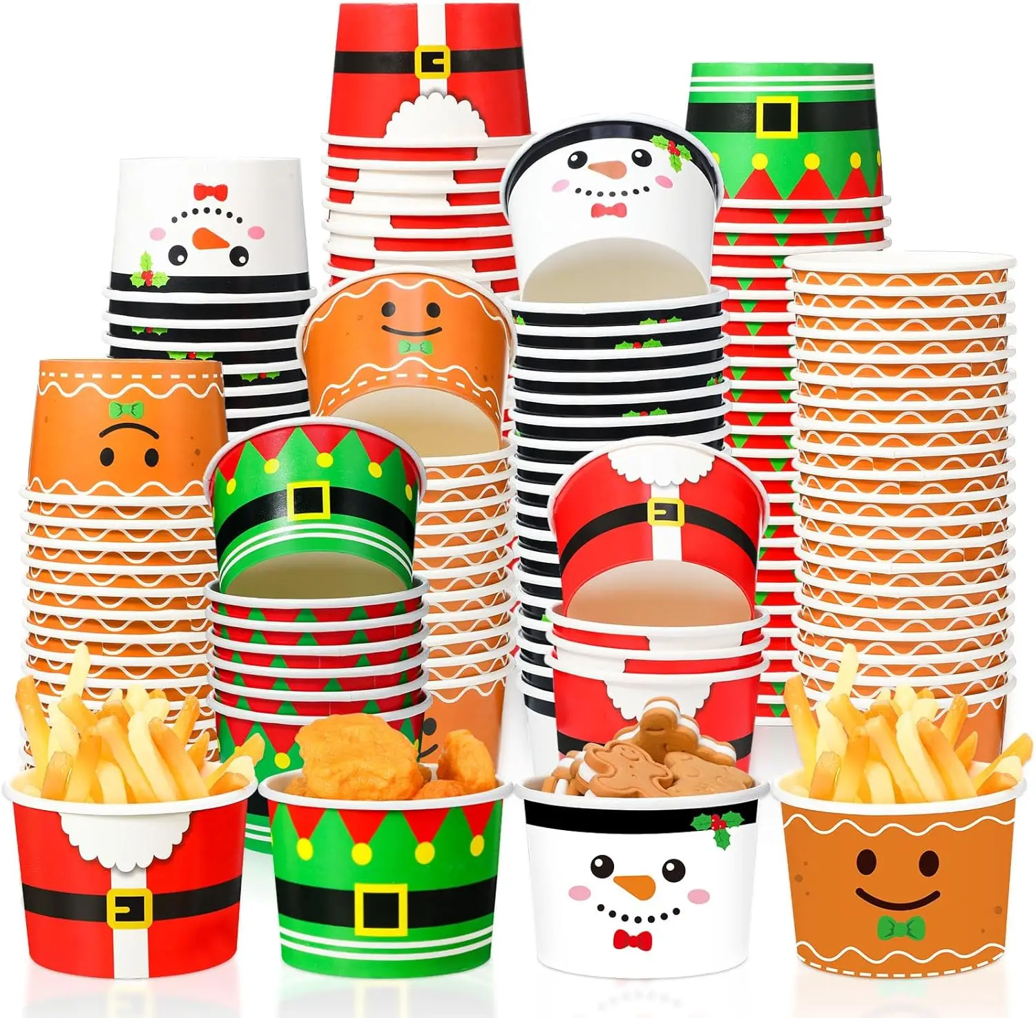 

100 Pack Christmas Party Snack Cups 8oz Disposable Ice Cream Dessert Soup Bowls with Santa Snowman Gingerbread Designs,
