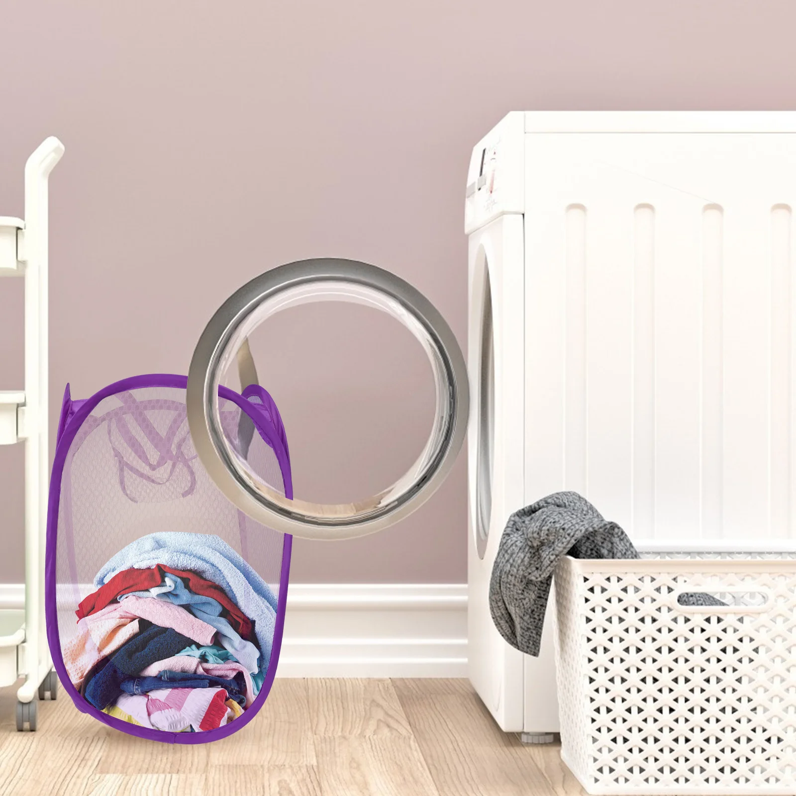 

Foldable Mesh Pop Up Laundry Hamper Basket with Side Pocket for College Dorm Apartment Camping Purple