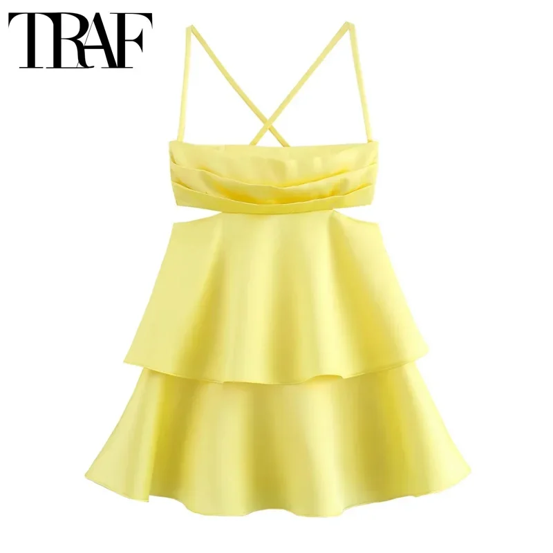 TRAF Cut Out Mini abito giallo pieghettato senza maniche abito in raso estate croce Backless abiti corti per le donne abiti da festa Sexy