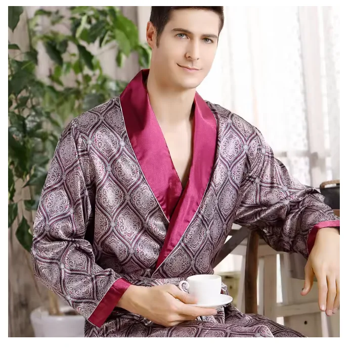Albornoz de seda de manga larga para hombre, kimono de talla grande 5XL, bata de baño para el hogar, batas geométricas estampadas con cuello en V, camisón de satén para dormir