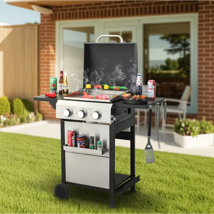 

3Burner Propane Gas BBQ Grill SS Plancha 36900BTU Output With Wire Enamel Cooking Grids For Outdoor Barbecue Foldable Side Tabl