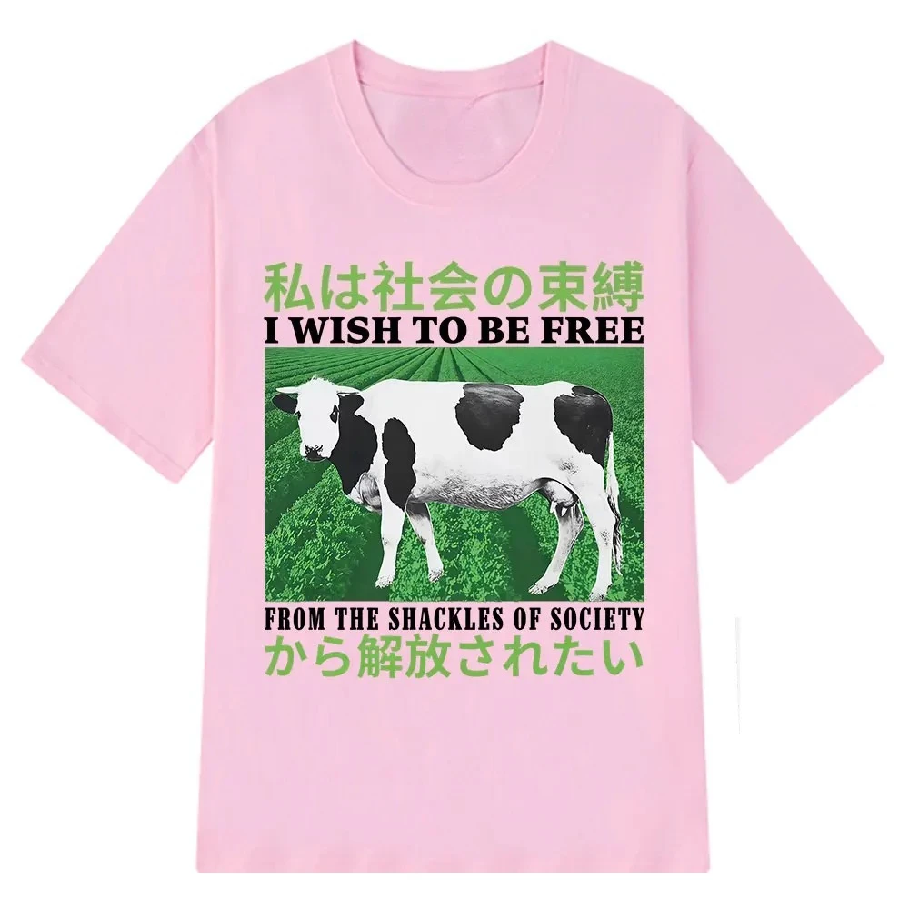 I Wish To Be Free From The Shackles of Society Funny Cow Japanese Vintage T Shirts Woman Summer Loose Casual T-shirt Tops