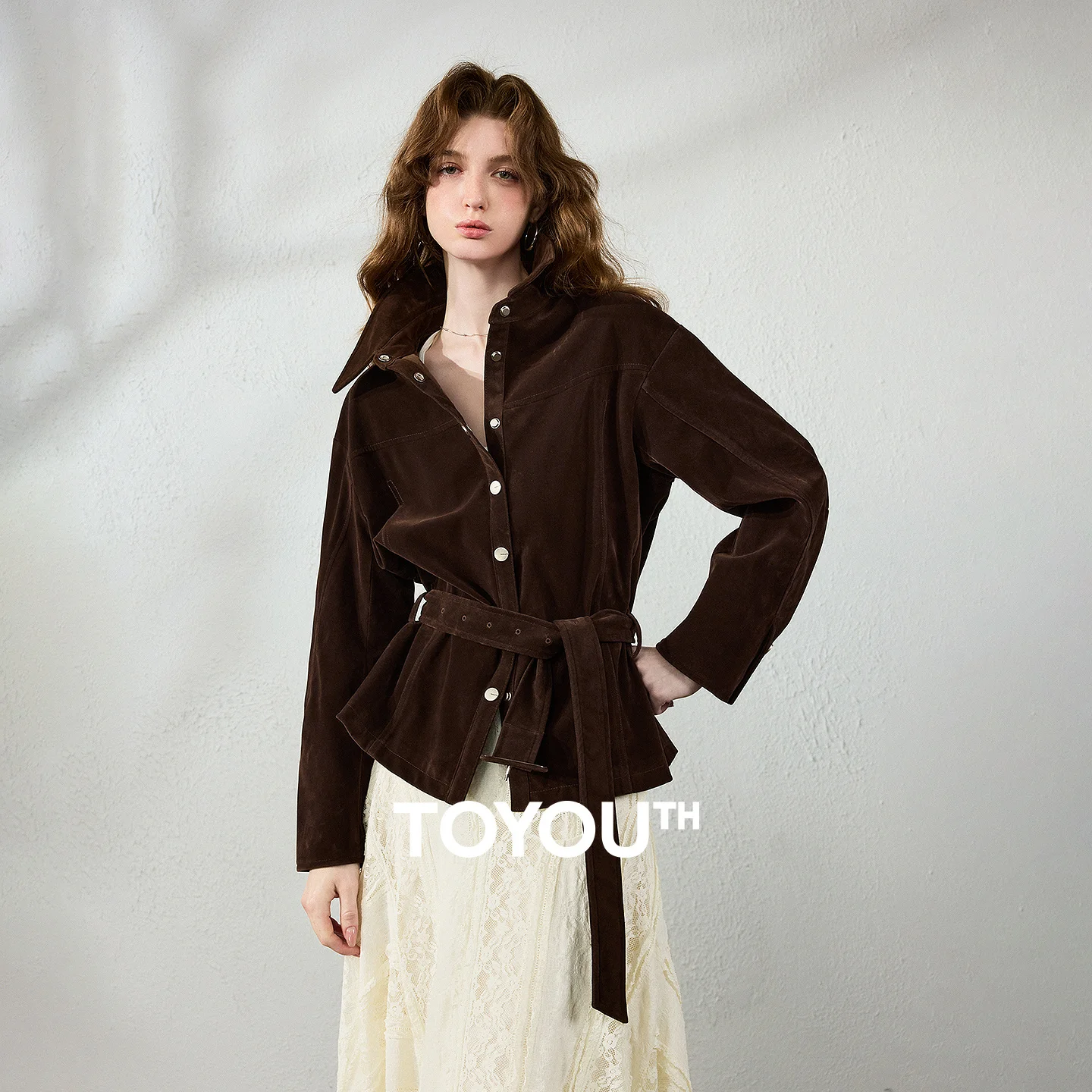 TOYOUTH Women Jacket 2026 Autumn New Retro Safari Suede Deep Coffee Belted Urban Nomadic Loose Outerwear