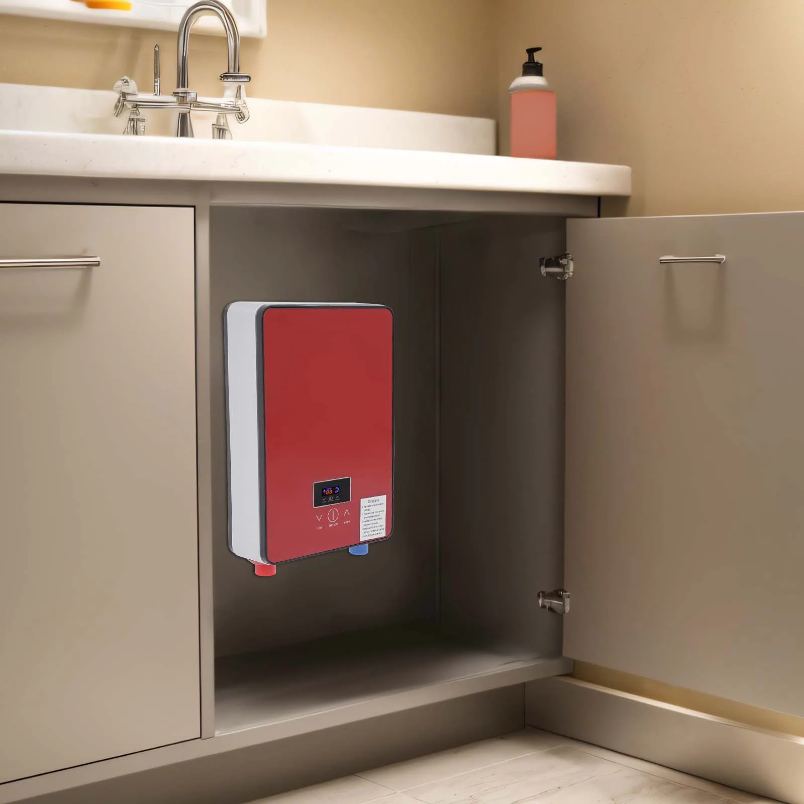 سخان مياه كهربي فوري 6500 وات 220 فولت شاشة LED مقاومة للماء مثبتة على الحائط للحمام والمطبخ والماء الساخن الحديث باللون الأحمر