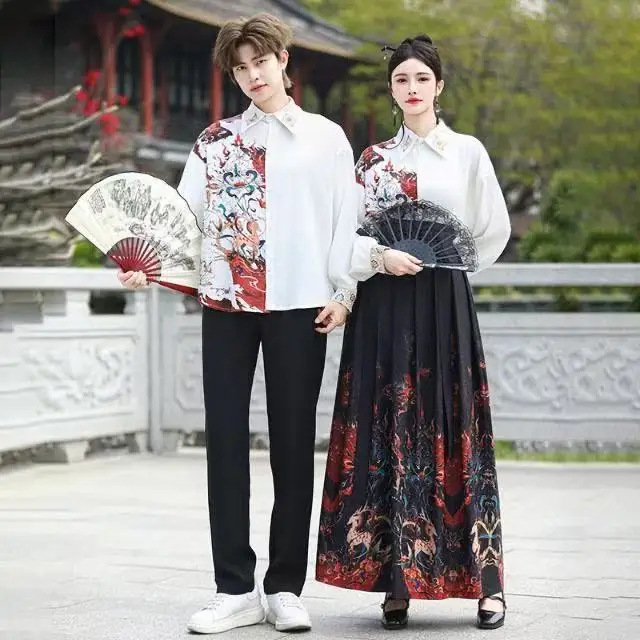 couples-new-chinese-style-costume-men-women-hanfu-inspired-printing-blouse-set-stage-performance-outfit-vintage-daily-suit-niche