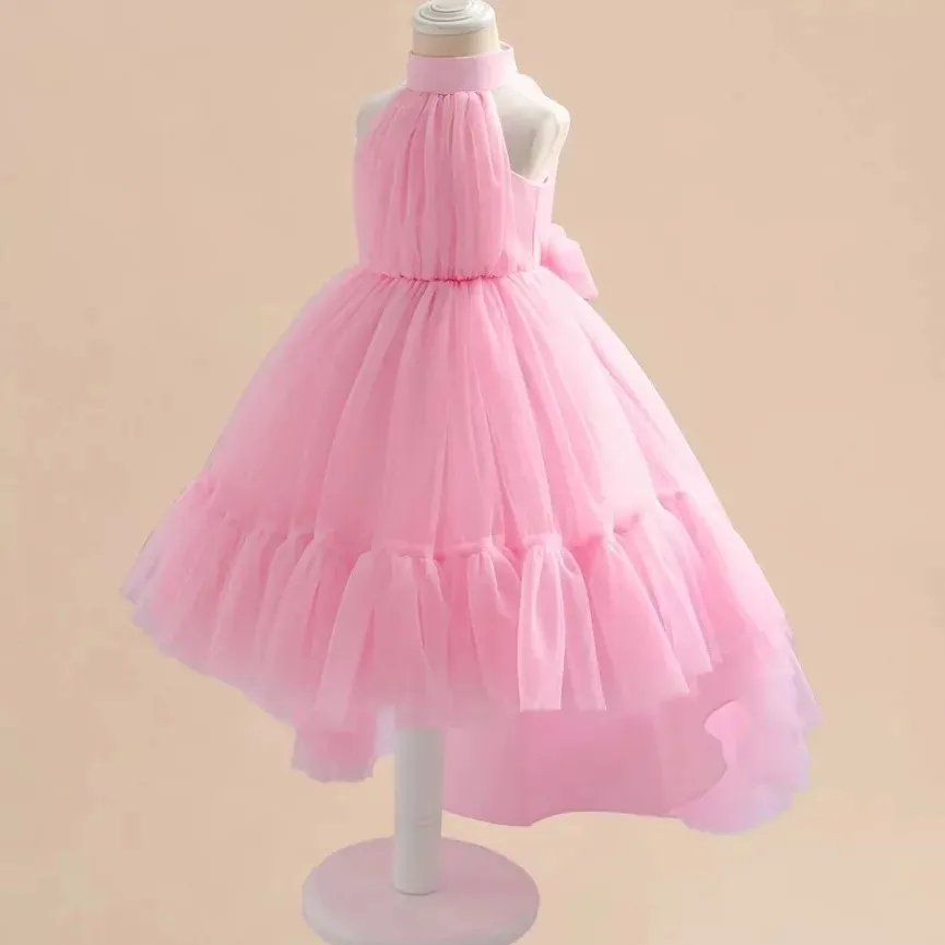 Robes de demoiselle d'honneur roses à col haut pour enfants, robes en tulle Hi-Lo, fête d'anniversaire, quelle que soit la princesse, robes d'invités de mariage pour enfants