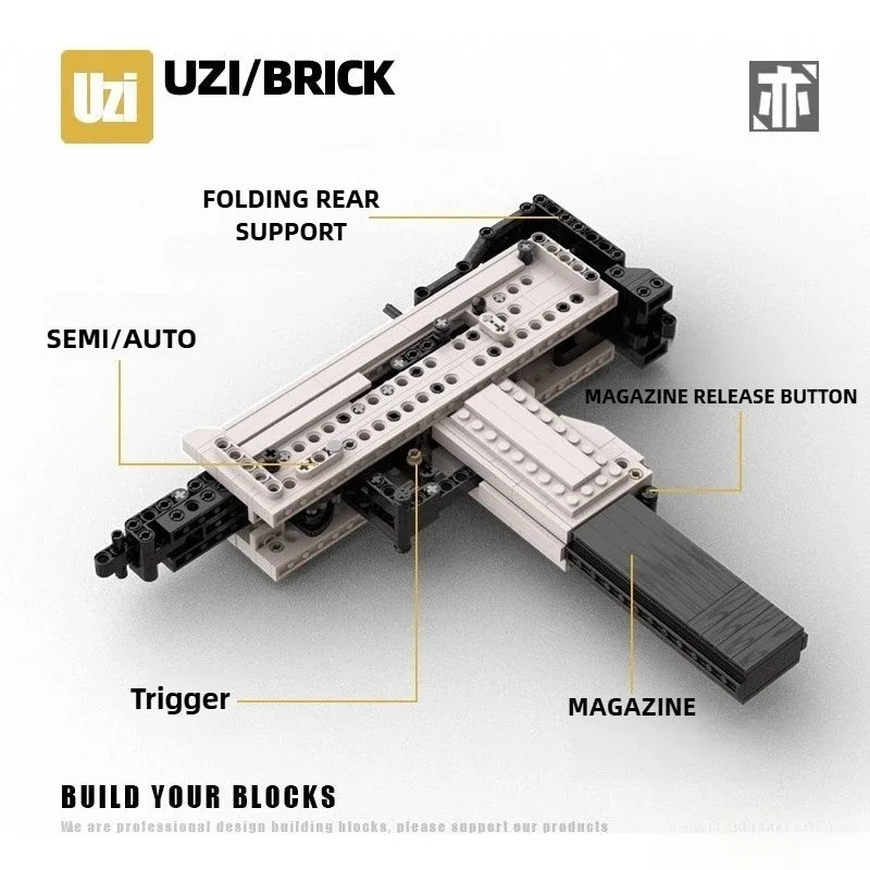 Technical Shootable UZI Submachine Gun Building Blocks Set Single & Continuous Fire Mode DIY Assembly Brick Gun Toy Gift