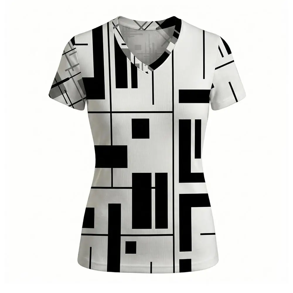 Women's Geometric Abstract Print V-Neck T Shirt Daily Casual Commuting Short Sleeve Tops Summer Street Vintage Slim Fit Tees