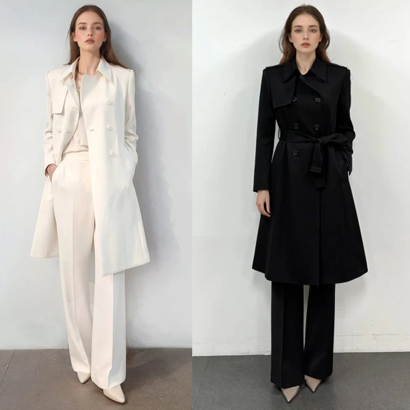 Ele Langer zweireihiger Damenmantel mit Gürtel, mittellanger Umlegekragen, Frühlingsfaion-Oberbekleidung in zwei Farben