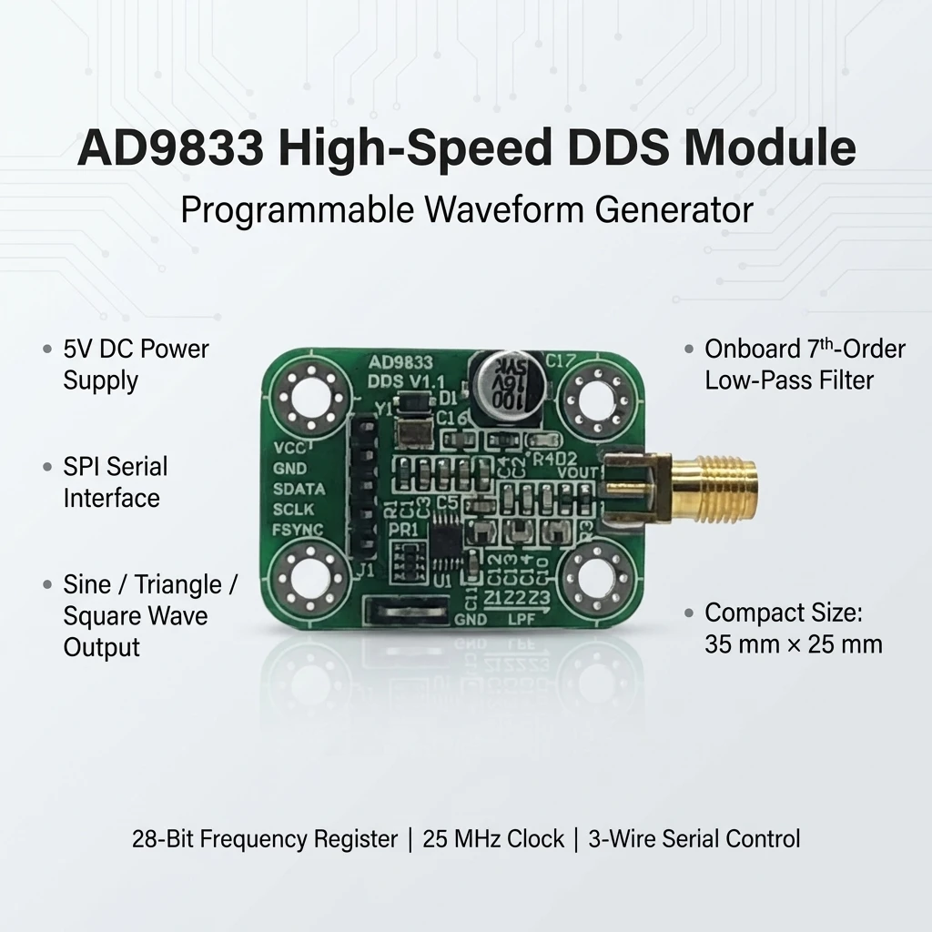 AD9833 DDS Signal Generator Module, 5V SPI Programmable Waveform Board with Sine Triangle Square Wave Output