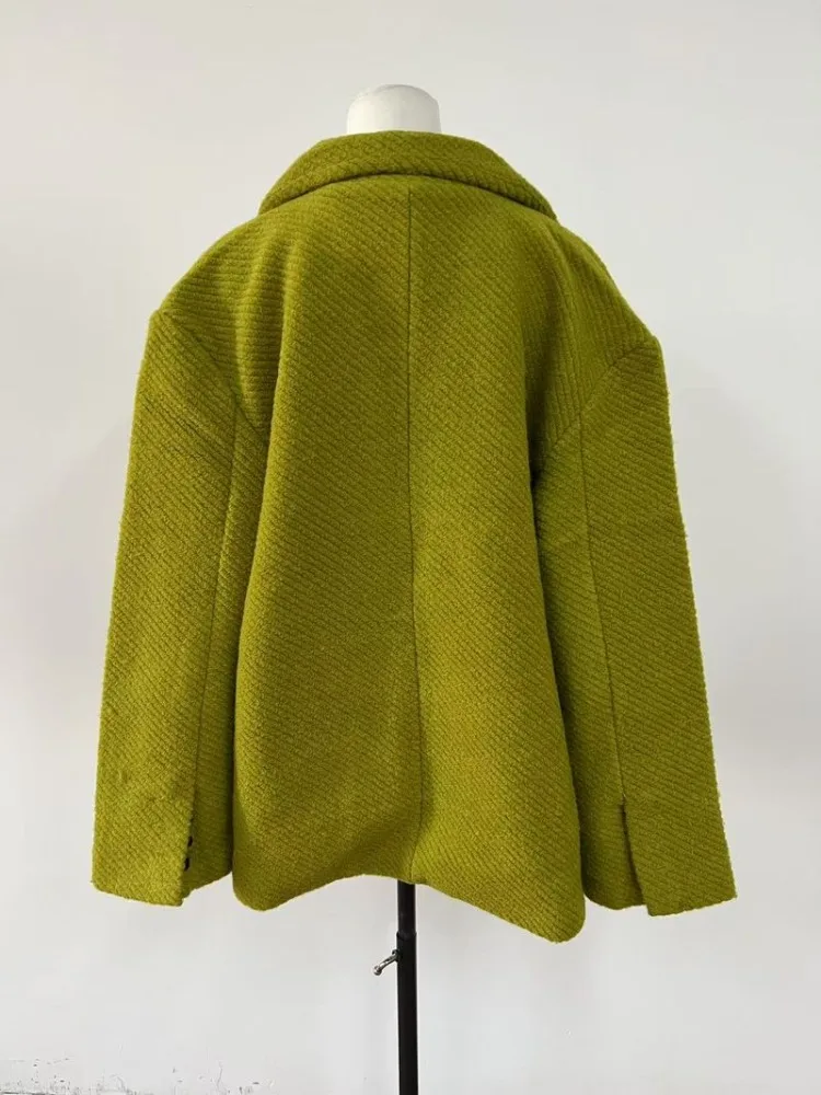 Insozkdg Mosterd Groene Wollen Vrouwen Jassen 2024 Nieuwe Herfst Winter High-End Gevoel Losse Mid-Length Casual Jas Vrouwen Kleding