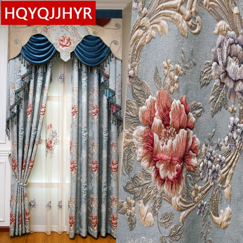 

Blue European top luxury 3D jacquard full blackout decorative curtains for living room windows bedroom hotel apartment kitchen