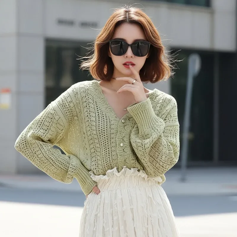 Cárdigan de punto de manga larga para mujer, informal, coreano, liso, con cuello en V, suéter de ganchillo de estilo perezoso Retro elegante para primavera y otoño