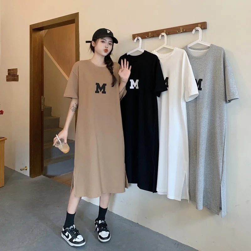 Summer Loose Letter Print Women Pregnant Korean Style Fashion Simple Casual Crew-neck Slit Dress
