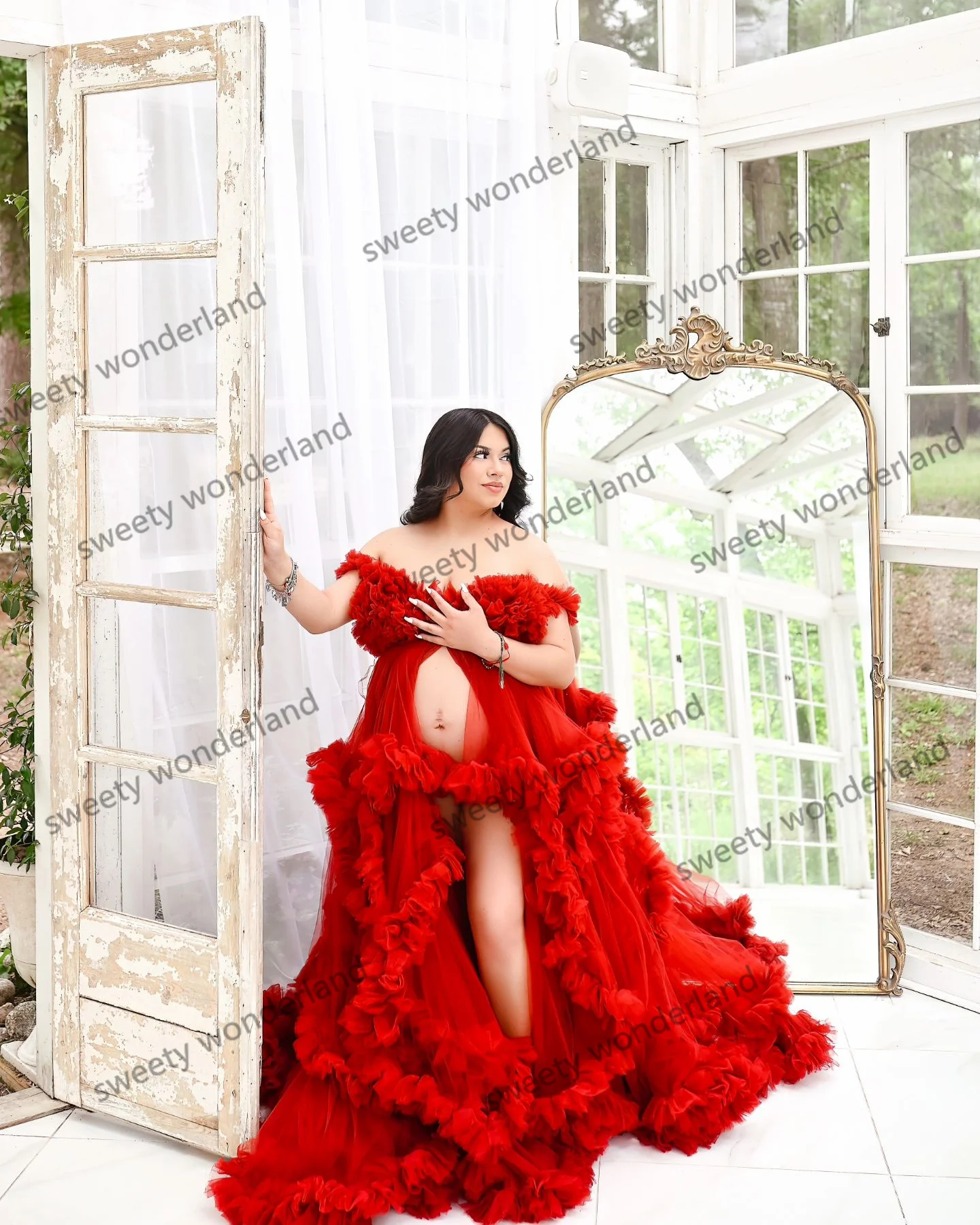 Red Prom Dresses Sleeveless Tiered Maxi Gown Ruffles Maternity Photoshoot Dress Ladies Pregnancy Baby Shower Vestidos