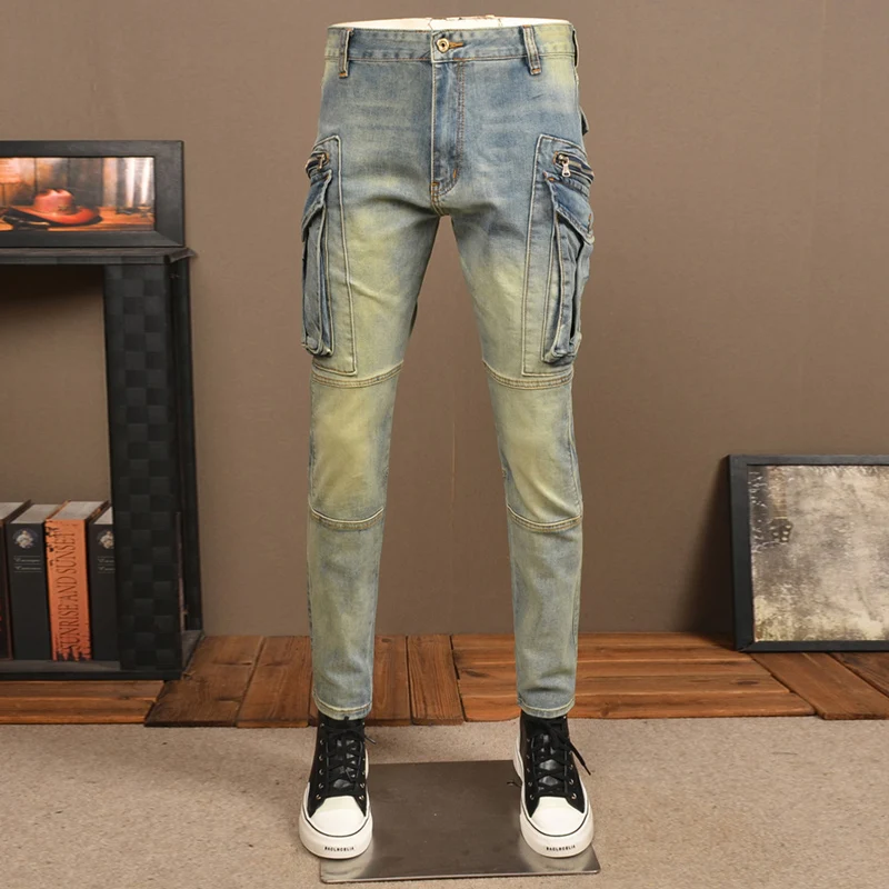 Pantalones vaqueros Retro lavados para hombre, Jeans elásticos ajustados de motorista empalmados, pantalones Cargo de mezclilla Hip Hop de diseñador de bolsillo, moda urbana, azul