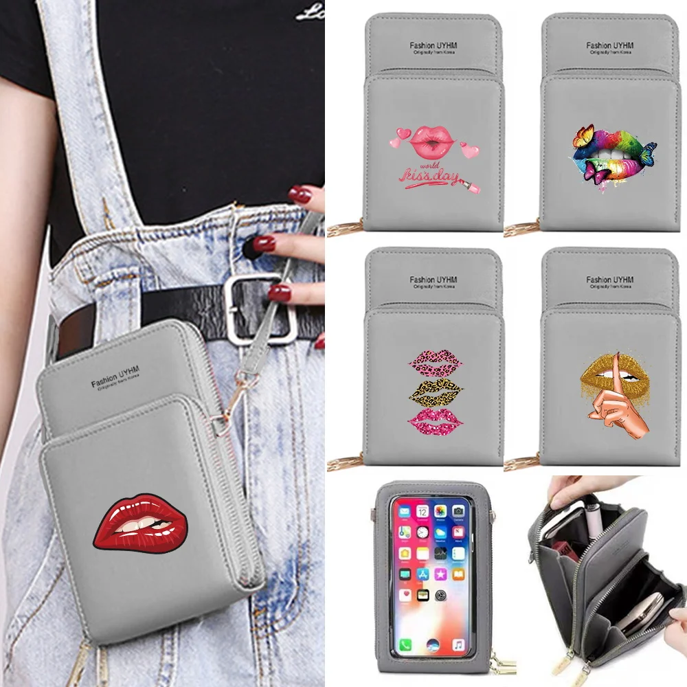 

Mouth Print Card Wallets Phone Bags Universal Transparent Touch Screen Mobile Phone Bag Casual Shopping Portable Crossbody Bag