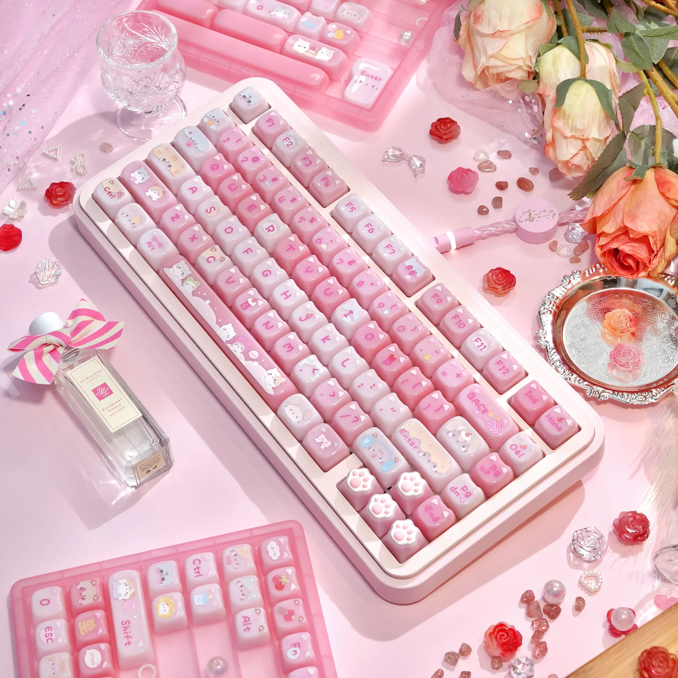 140-Key Cute Cat-Ear-Shaped Keycaps MAO Profile PBT Sublimation Transparent Pudding Keycap for MX Mechanical Keyboard for Made68