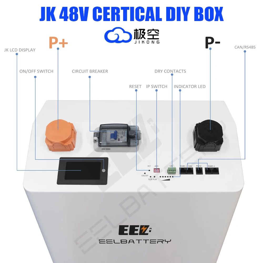 EEL 16S 48V LiFePO4 Battery Box Vertical Case DIY 280Ah Batteries Stackable Power Bank Server Rack with JK BMS 2A Active Balance