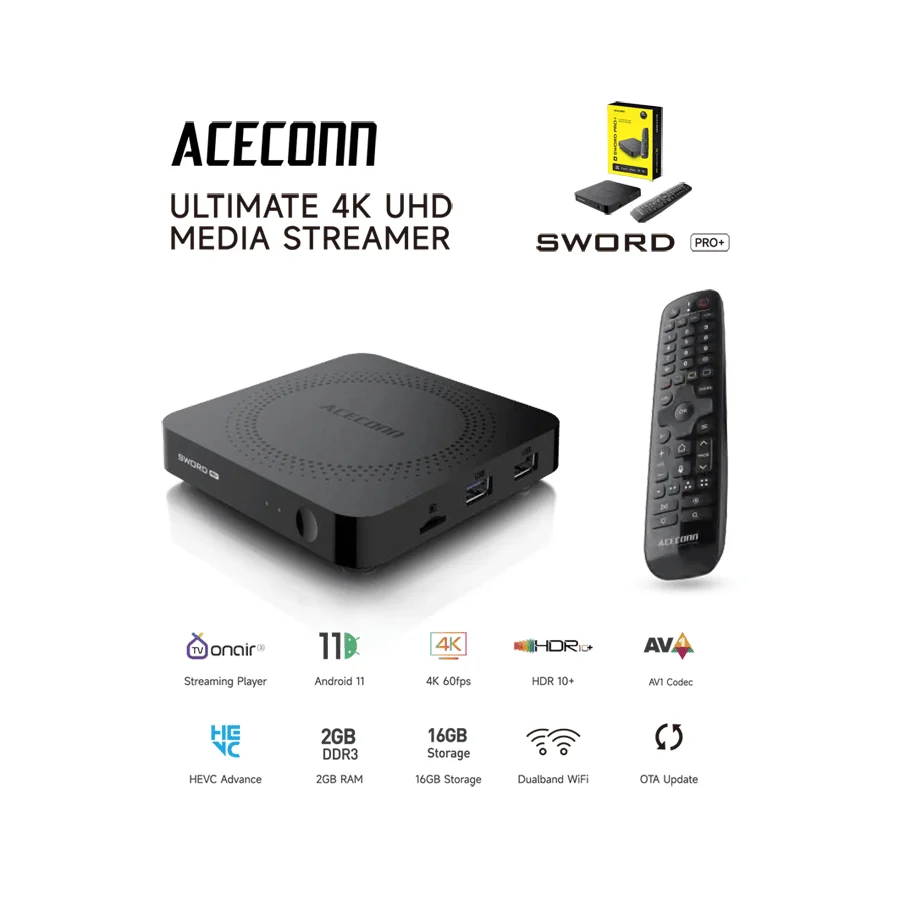 ACECONN Sword pro + TVONAIR3 TV Box Streaming IPTV Box 2G 16GB BT Retroilluminazione remota Trova tasti di controllo per l'apprendimento automatico RCU