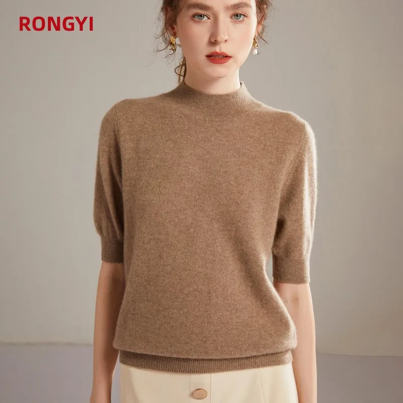 RONGYI  100% Pure Cashmere Short Sleeve T-Shirt Ladies Knitted Pullover Half Sleeve Sweater