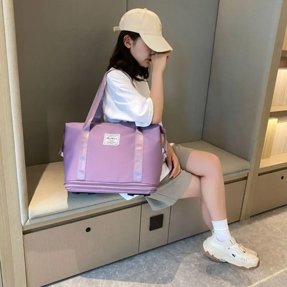 Oxford Cloth Gym Bag with Wheels Dry-Wet Separation Sport Collapsible Travel Tote Bag Expandable Portable Luggage Storage Bag