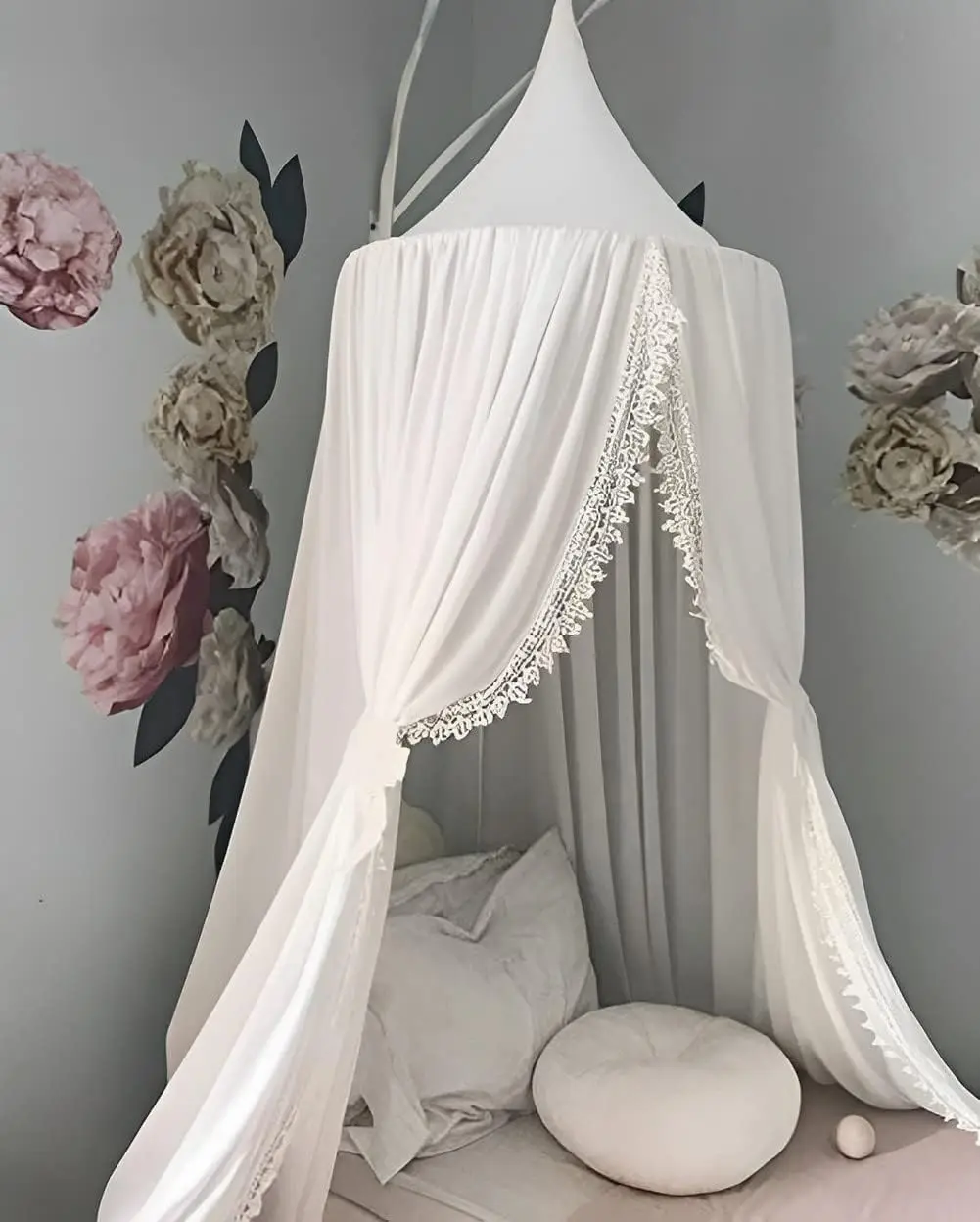 

Kids Bed Canopy with Pom Poms, Mosquito Net for Cribs and Beds, White - Play Tent Room Decor