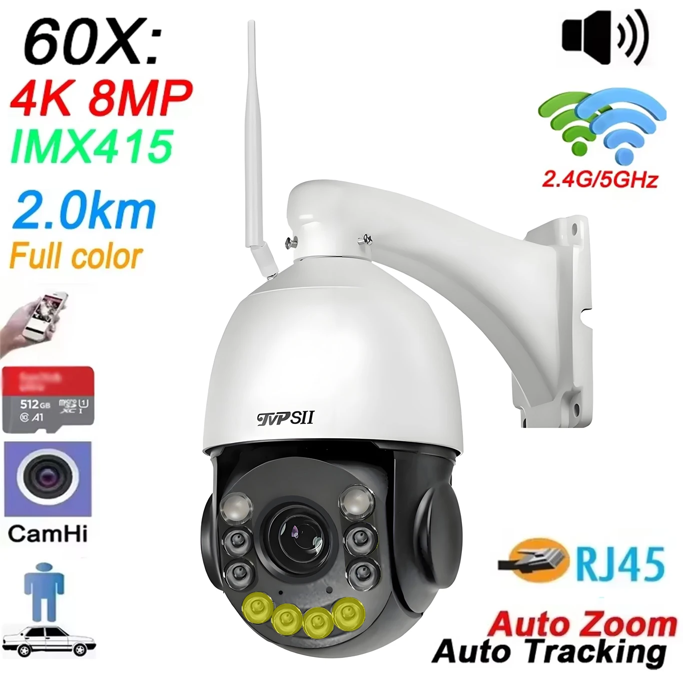 Max.512G Metal Full Color Auto Tracking CamHi H.265+ 8MP 4K 60X Zoom Audio 360°  2.4GHz 5.0GHz WIFI Lan PTZ Speed Dome IP Camera