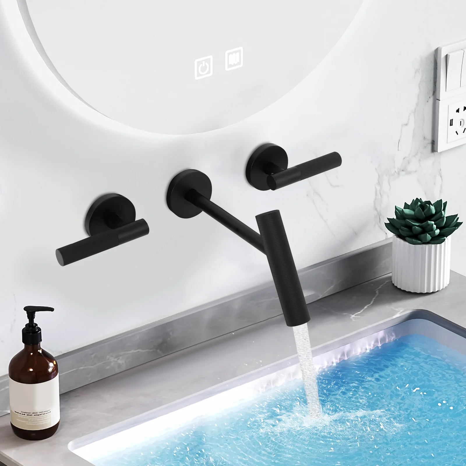 

Wall Mounted 3-Hole Bathroom Faucet, Dual Handle Brass Mixer Tap with Ceramic Valve Core for Home Hotel