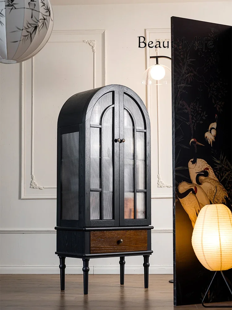 

French retro wine cabinet medieval solid wood bookcase TV cabinet arched storage living room locker black