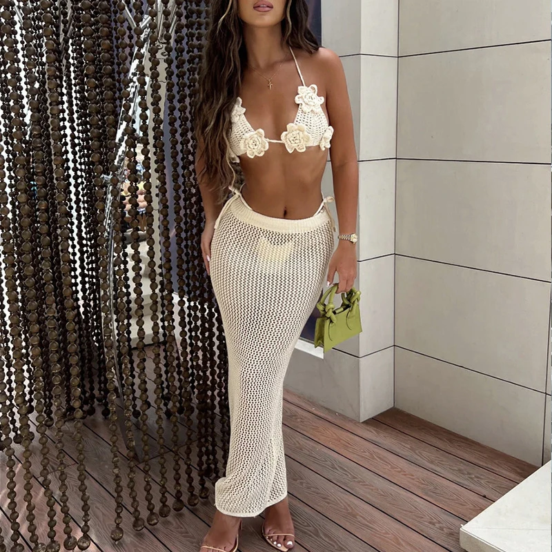 

Women Transparent Knit Skirts Suit Sexy Lace Up Solid High Waist Wrap Bathing Suit Two Piece Halter Neck Floral Chest Bikini Set