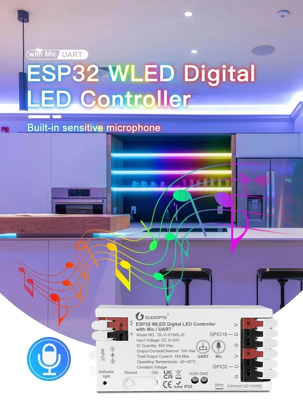 WLED LED تحكم Mic UART تنزيل صوت الموسيقى الديناميكي RGB لتقوم بها بنفسك GLEDOPTO ESP32/8266 WiFi WS2811/2812 SK6812 TM1814 WS2813/2815