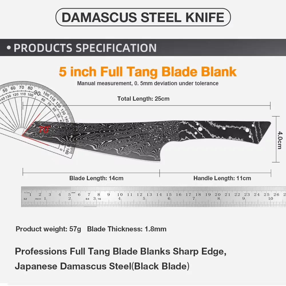 Japanese Kiritsuke Knife Black Blade Damascus Steel Blanks Blade Hand Forged Heat-treated Sharp Blade edges Knife Making Supply