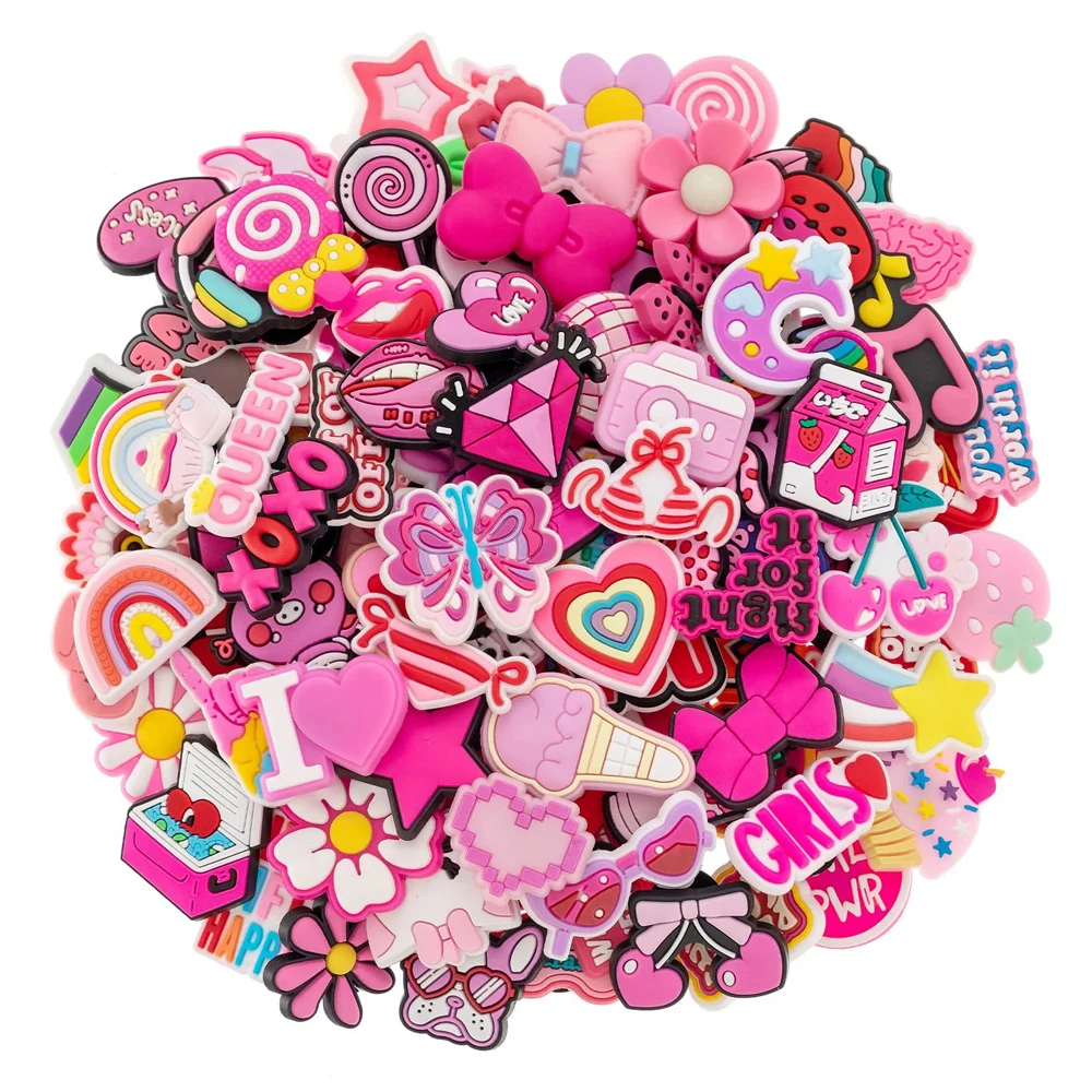 30/50/100/pcs Random Pink Series Series Shoe Charms Set For Clogs Bogg Bag Bubble Slides Sandals, PVC Shoe Decorations Beach Bag