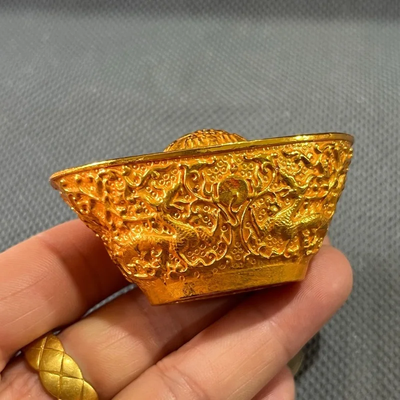 gold for worship, gilded copper ingot two dragons playing with a pearl, antique collectible ornament
