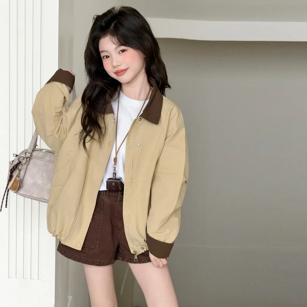 Girls Jacket Yellow Autumn Zip Up Lapel Collar Children Coat 2026