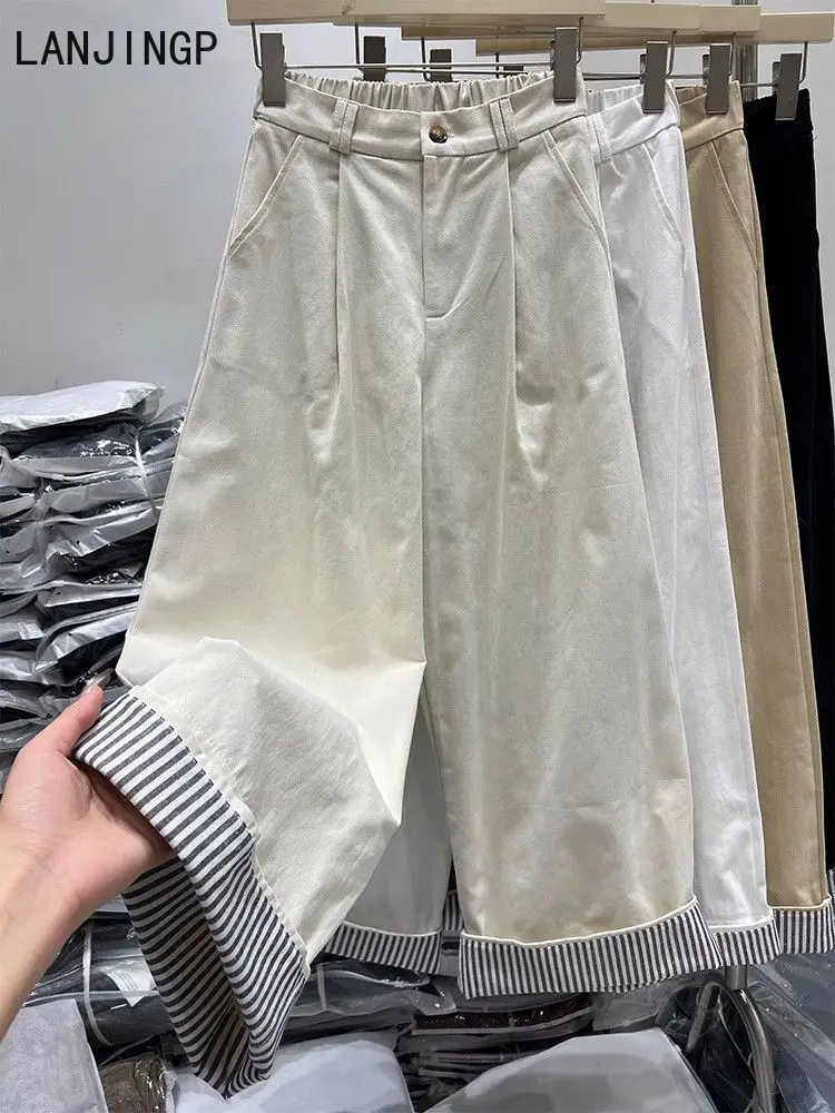 Korean design striped rolled-edge wide-leg pants women's pants new retro loose straight nine-point casual long pants