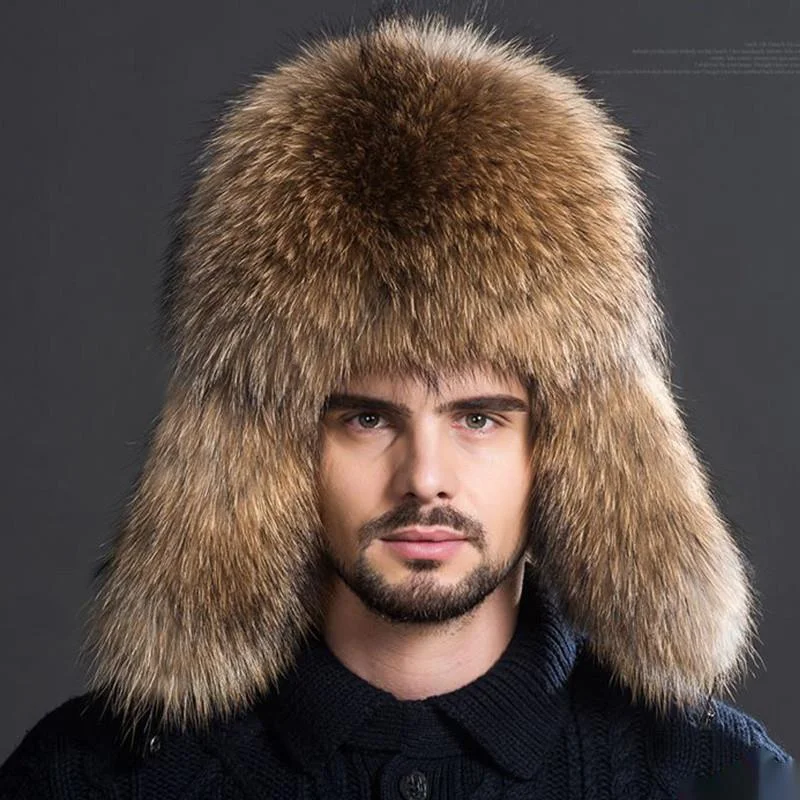 Real Fox Fur Hats Men\'s Winter Fur Bomber Hat Natural Raccoon Fur Snow Cap Luxury Russian Warm Hat For Men Earflap Ushanka Hat