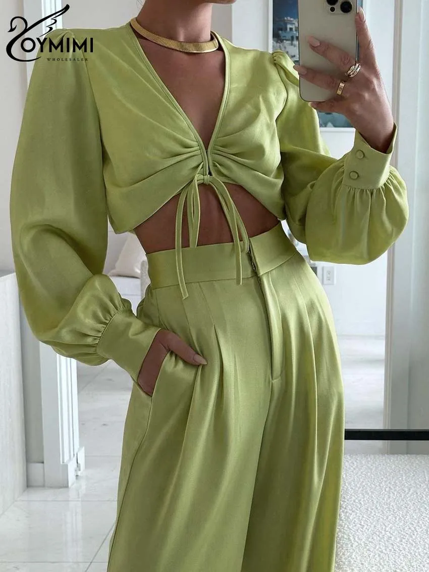 Oymimi Fashion Green Women Two Piece Set Elegant Long Sleeve Lace-Up Crop Tops And High Waisted Wide Leg Panst Sets Streetwear