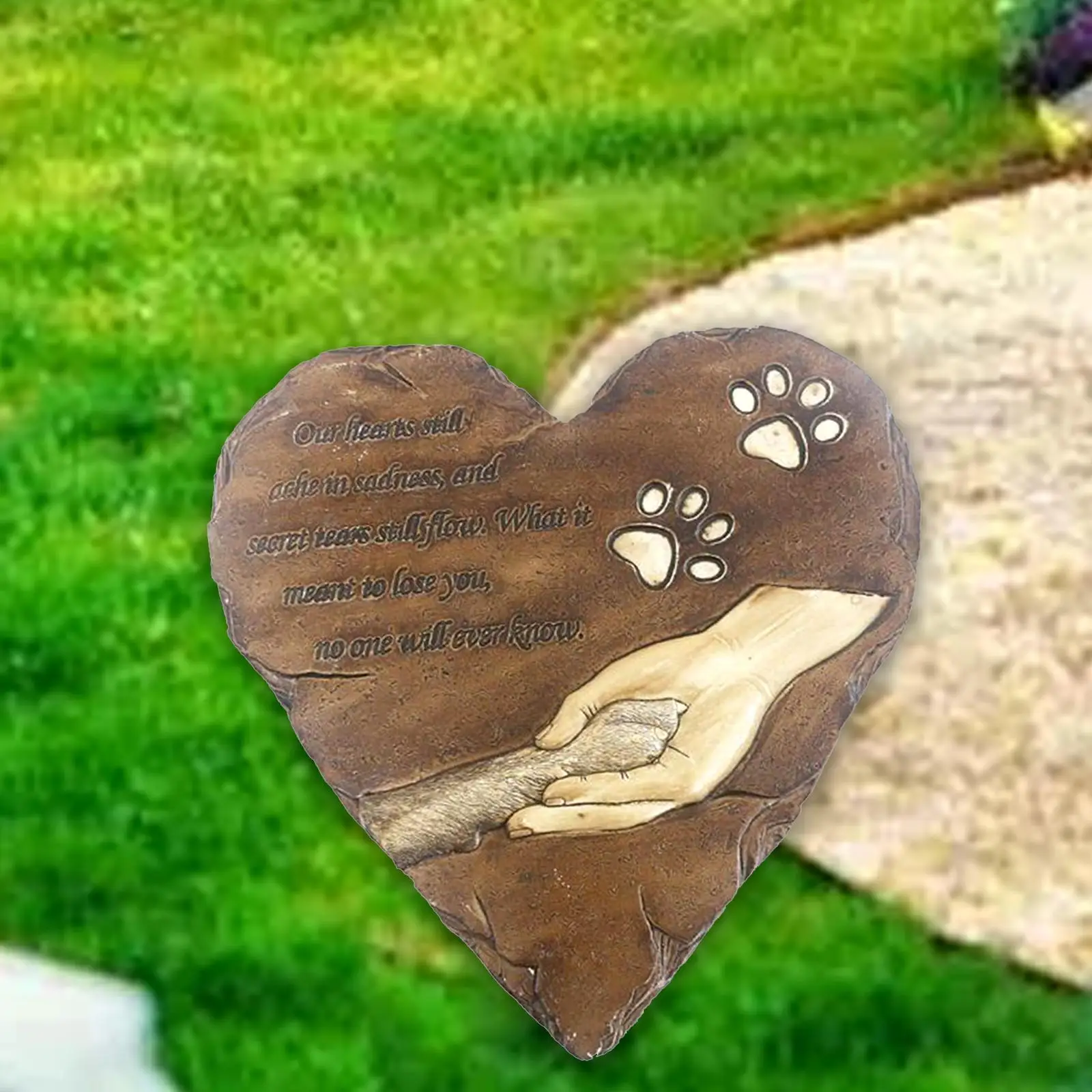 Memorial Stone for Pets Paw Print Cat Grave Marker Heart Shape Outdoor Backyard Lawn Decoration