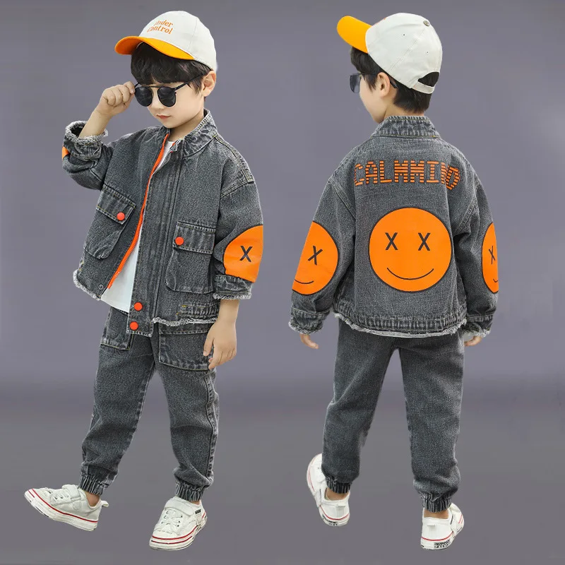 Children\'s Denim Suit 5-12 Years Old Boy Spring And Autumn Cartoon 2-Piece Set Of Smiley Pattern Jacket + Trousers