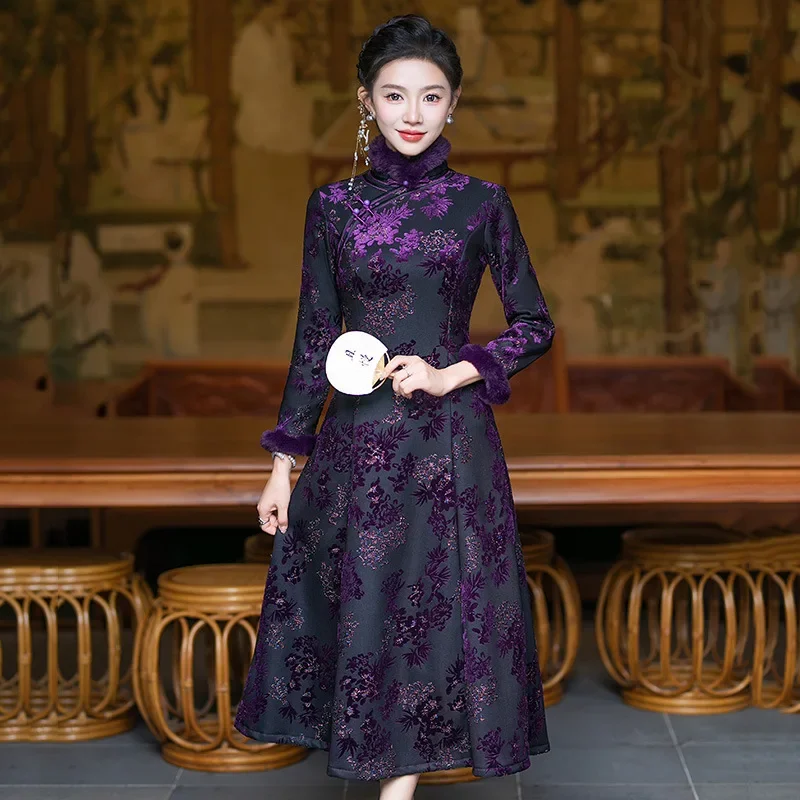 

Осенне-зимнее плотное платье для мамы Aodai в китайском стиле, повседневное улучшение Qipao, женское ретро-платье с длинными рукавами Qipao