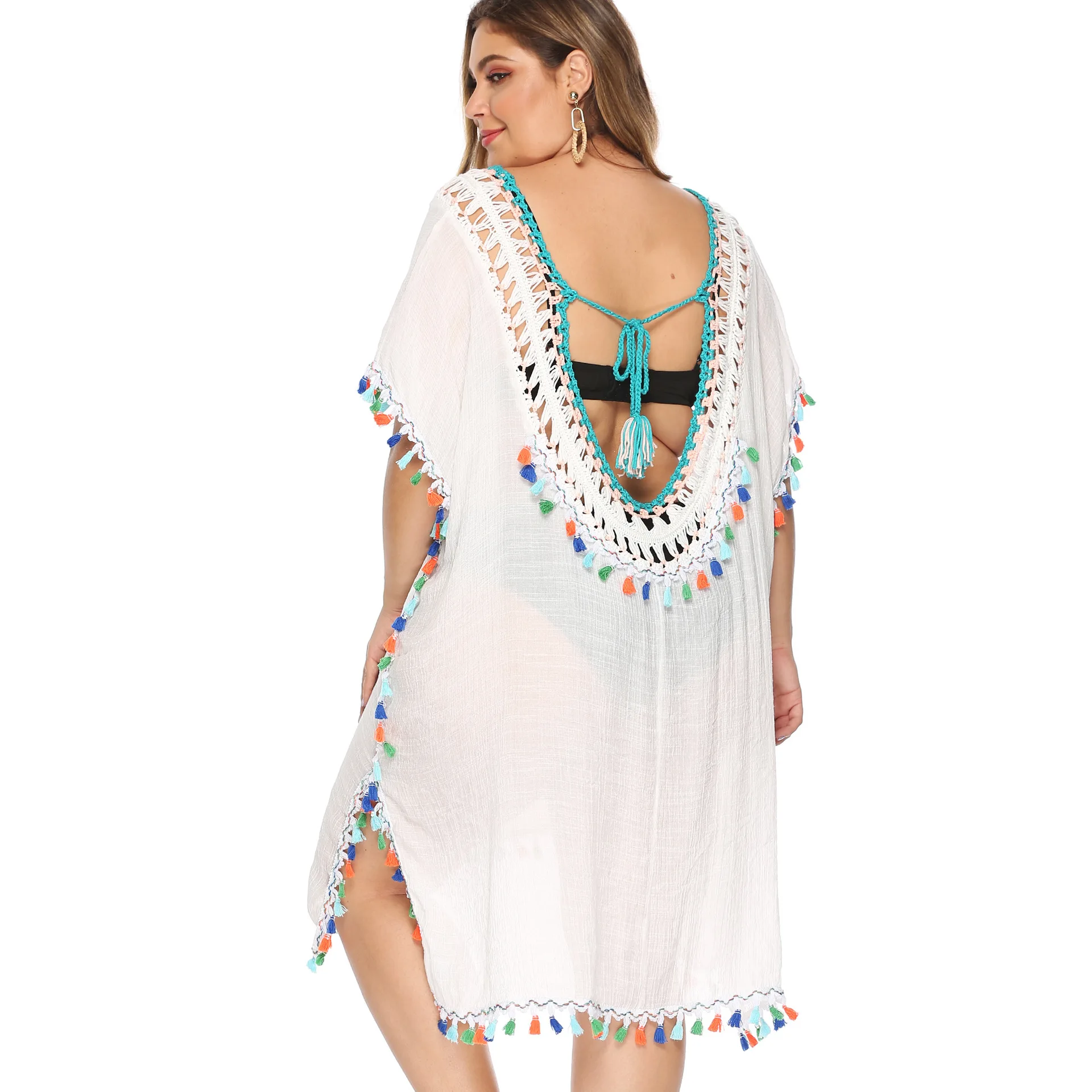 Vestido holgado de talla grande para mujer, con borla de color, con gancho para la mano, empalme, sexy, para playa