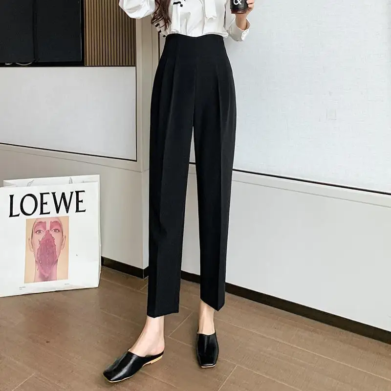 Spring Autumn Women\'s Clothing Solid Color High Waisted Pockets Casual Straight Pencil Trousers Korean Fashion All-match Pants