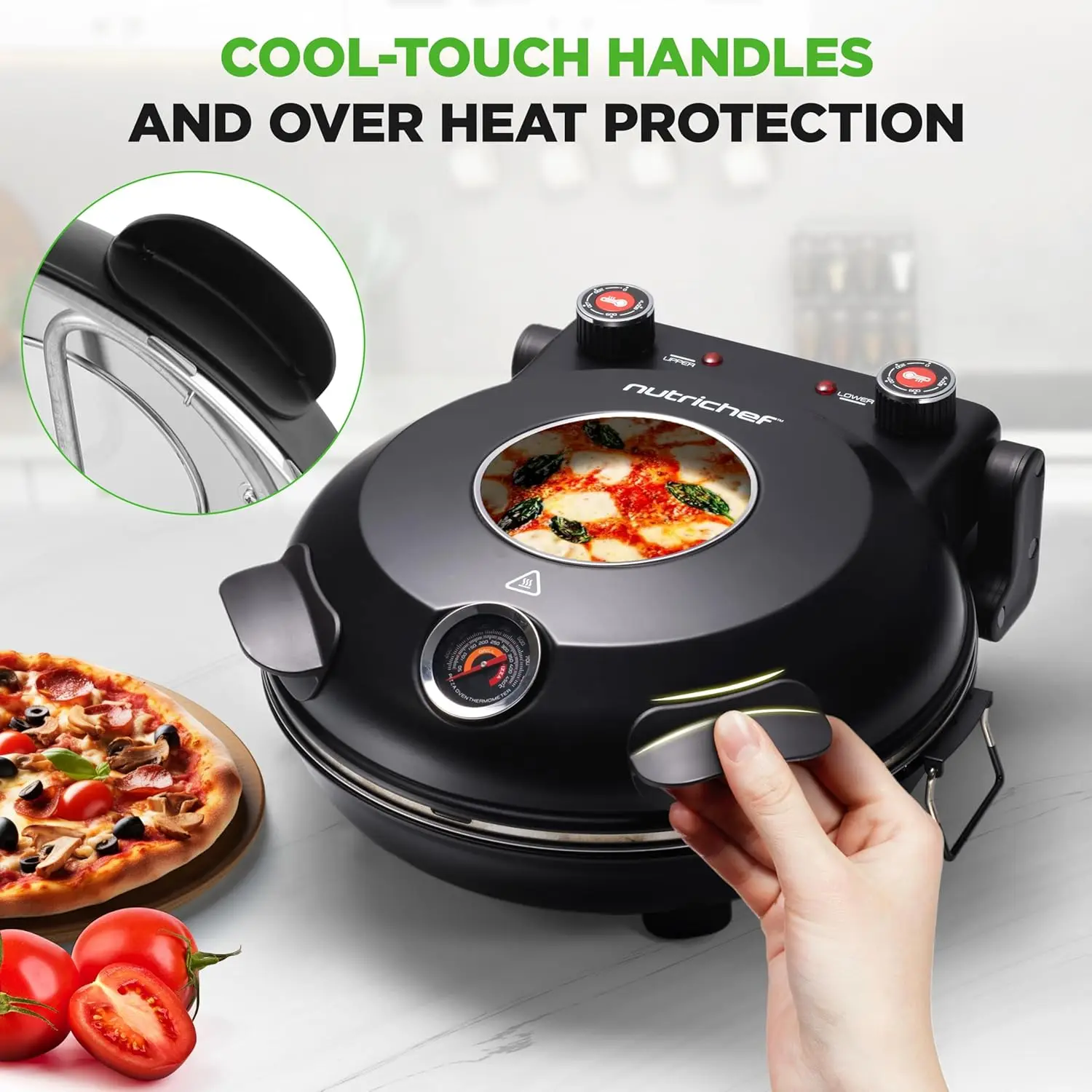 Electric Pizza Oven | 1200W Countertop Pizza Maker with Temperature Control & Thermometer | Viewing Window for Precise