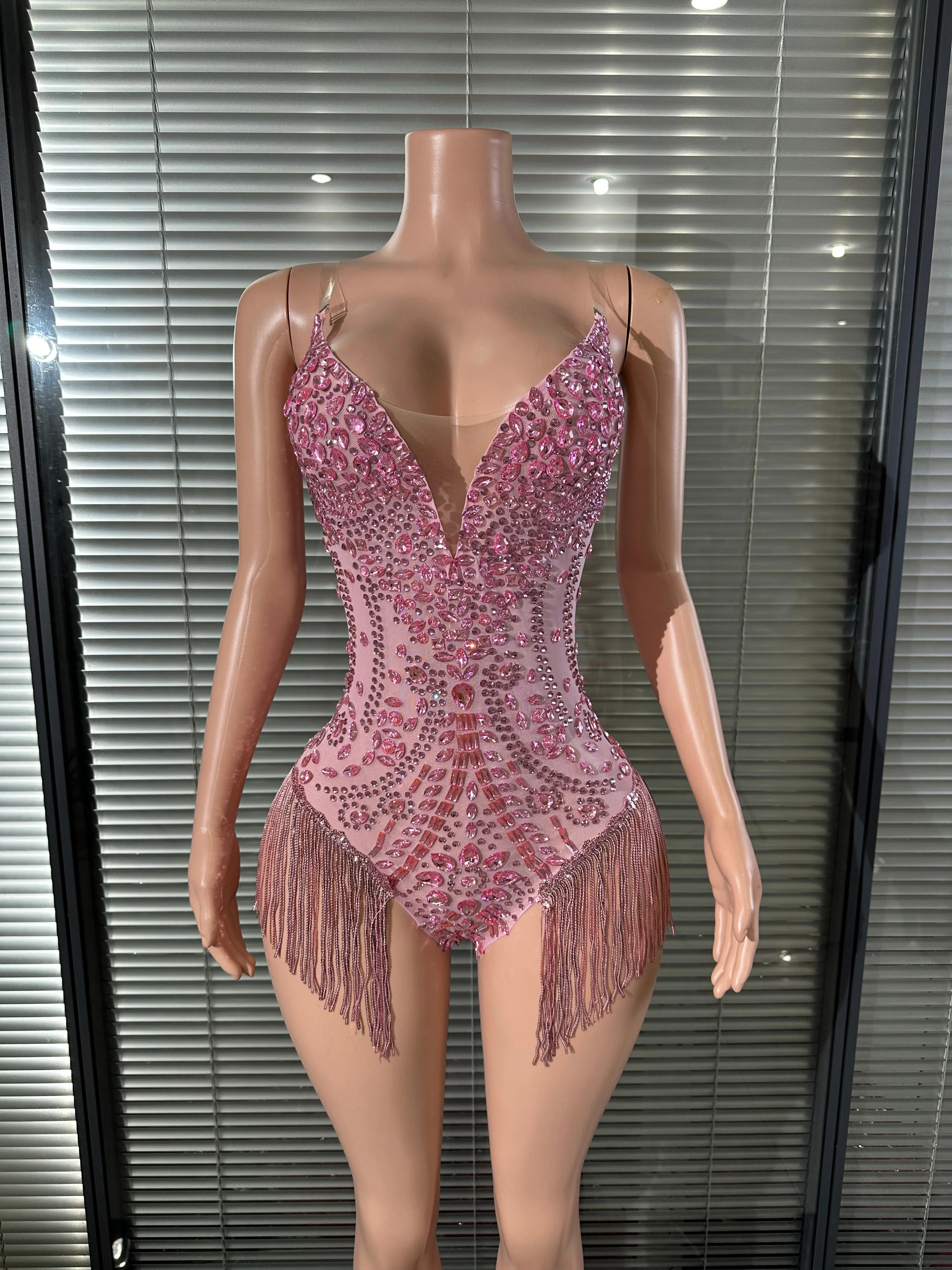 Glamorous Pink Crystal Bodysuit Women Sexy Deep V Neck Sheer Mesh Rhinestone Fringe Bodycon Outfit Nightclub Party Costume