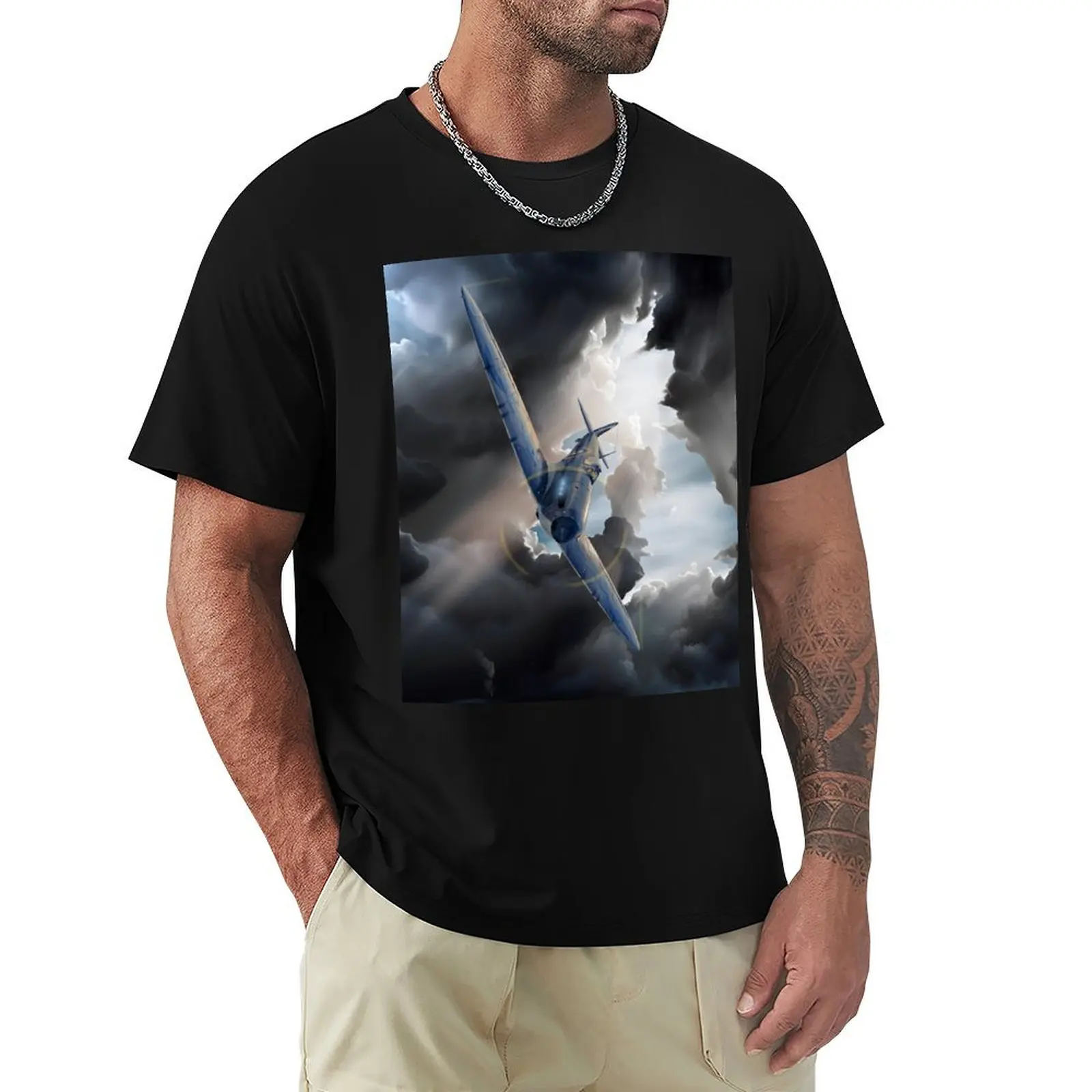 

Spitfire Aircraft surrounded by dark clouds T-Shirt summer top basketball graphic tees cute tops mens clothes
