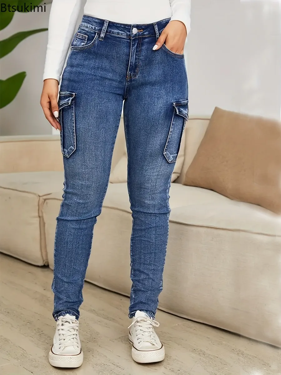 Jeans Pencil Pants Women Vintage Denims Multiple Pockets Low Waist Washed Distressed Stretch Streetwear Ankle Length Trousers