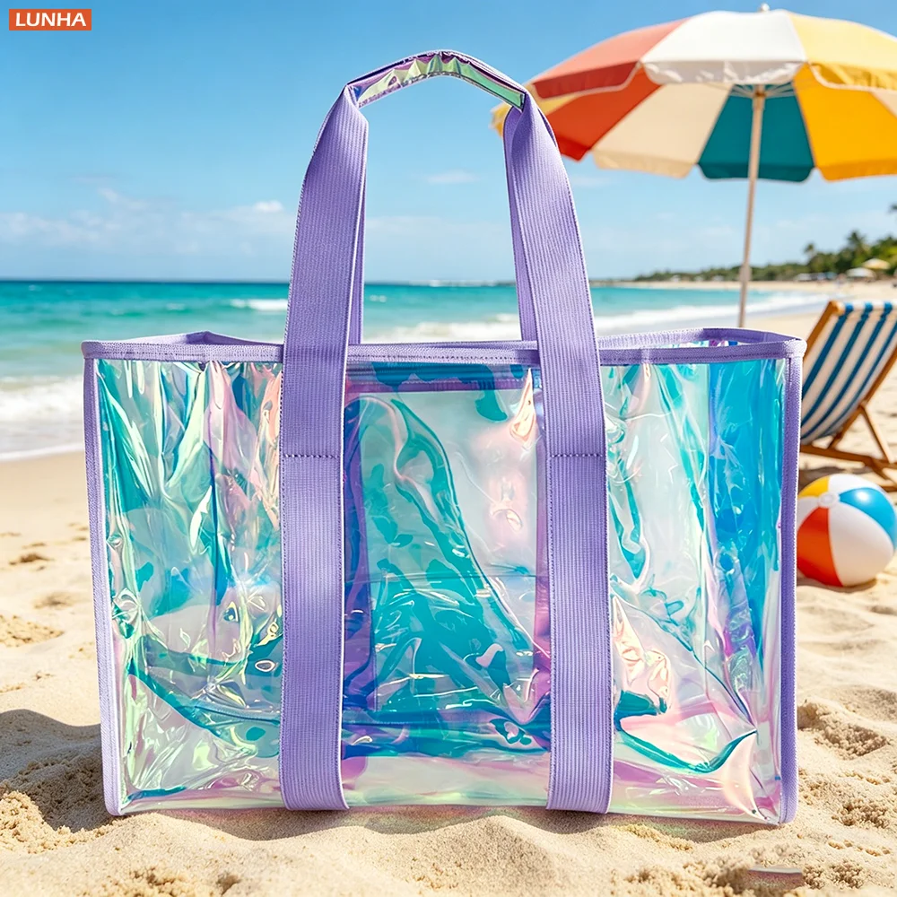 

PVC Clear Jelly Tote Bag Waterproof Iridescent Shoulder Beach Bags Large Capacity Handbag for Summer Stadium Travel & Daily Use
